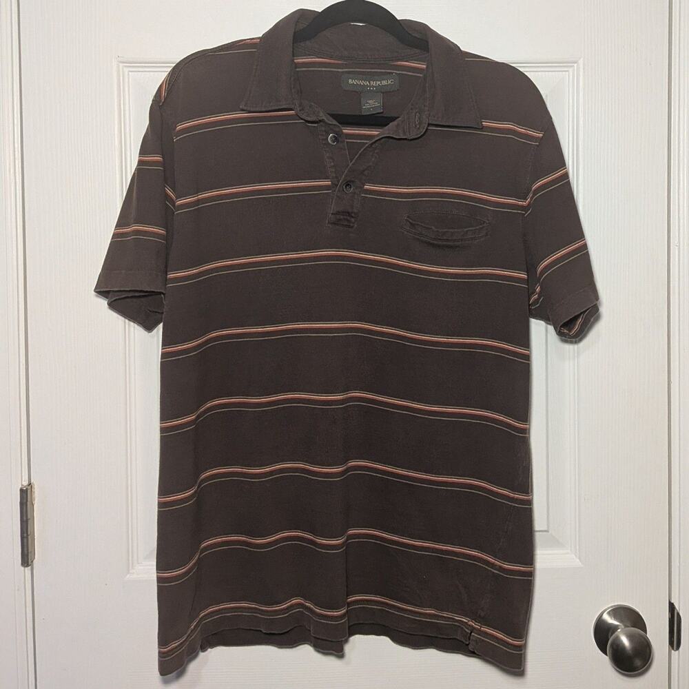 Banana Republic Mens Large Brown Striped Short Sleeve Polo Shirt Cotton Casual